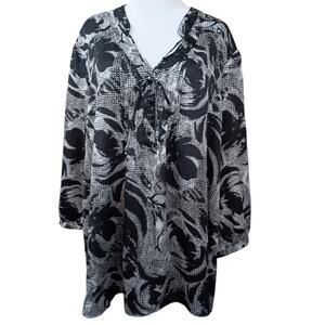 FASHION BUG Plus 3X Blouse Tunic Top Flowy Black Abstract Floral Career‎ Event